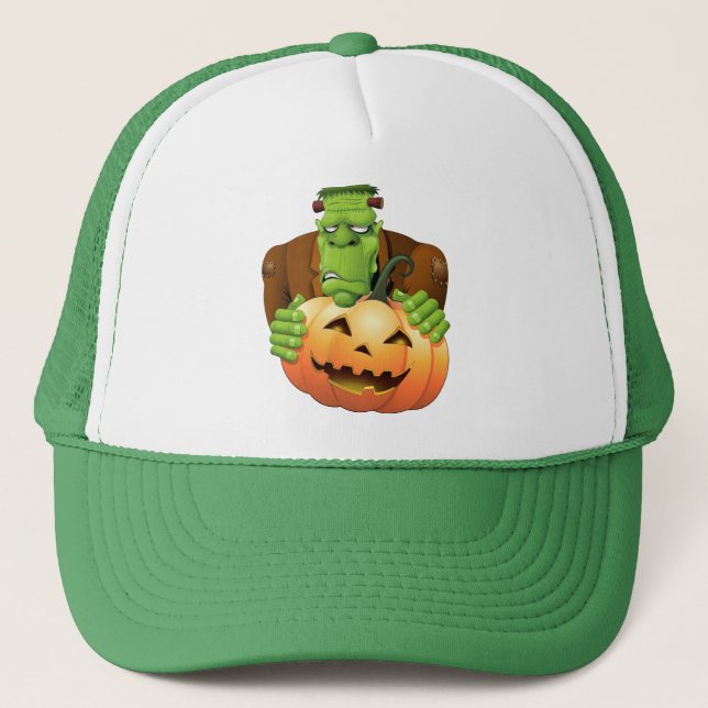 Frankenstein Monster Cartoon with Pumpkin Trucker Hat (Front)