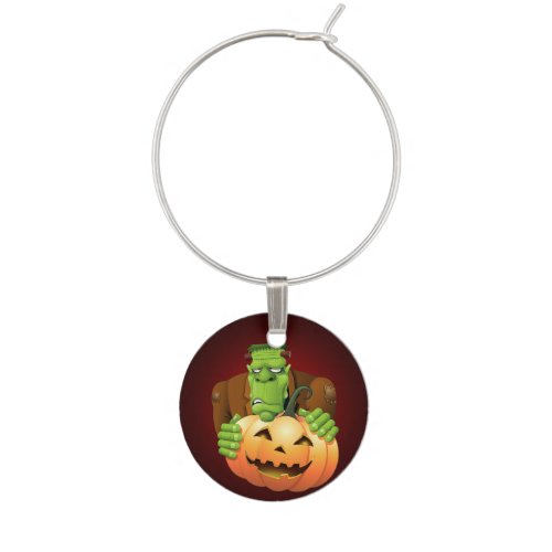 Frankenstein Monster Cartoon with Pumpkin Wine Charm