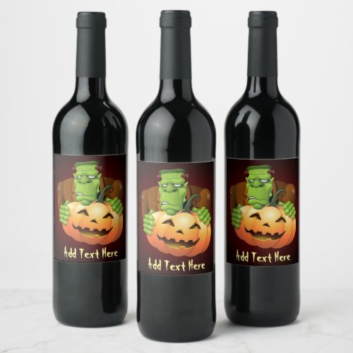 Frankenstein Monster Cartoon with Pumpkin Wine Label