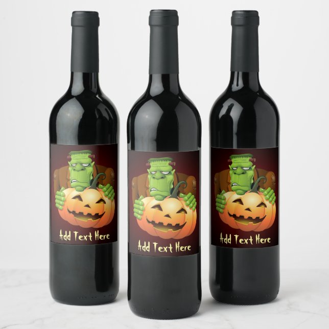Frankenstein Monster Cartoon with Pumpkin Wine Label (Bottles)