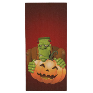 Frankenstein Monster Cartoon with Pumpkin Wood Flash Drive