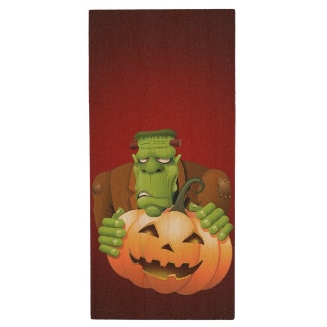 Frankenstein Monster Cartoon with Pumpkin Wood Flash Drive (Front Vertical)