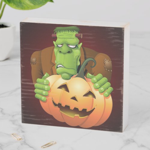 Frankenstein Monster Cartoon with Pumpkin Wooden Box Sign