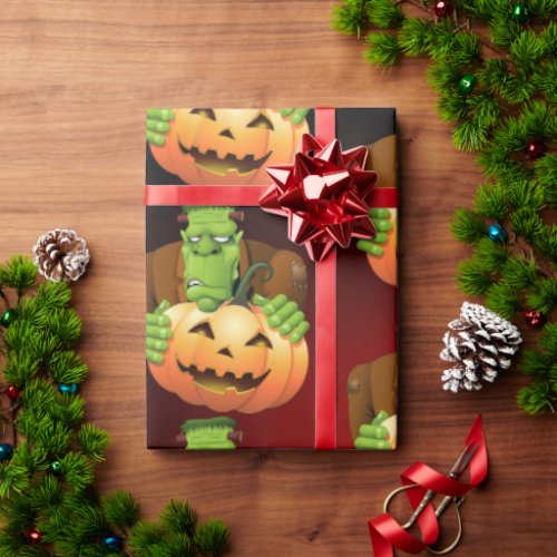 Frankenstein Monster Cartoon with Pumpkin Wrapping Paper