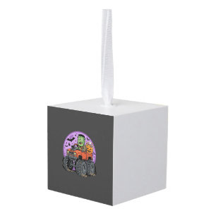 Frankenstein Monster Truck Halloween Graphic Desig Cube Ornament