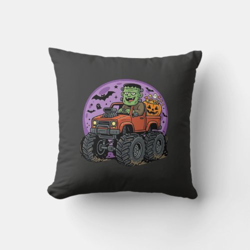 Frankenstein Monster Truck Halloween Graphic Desig Throw Pillow