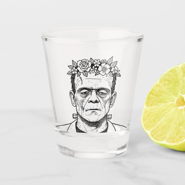 FRankenstien with a flower crown Shot Glass (Front)