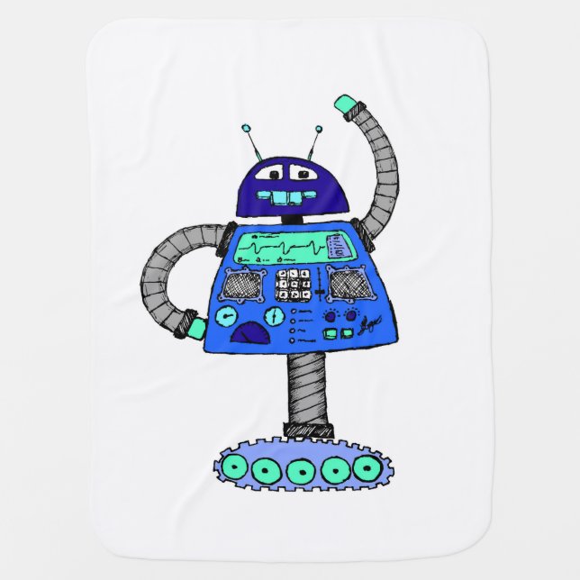 Frankie Robot: Blue on white Stroller Blanket (Front)