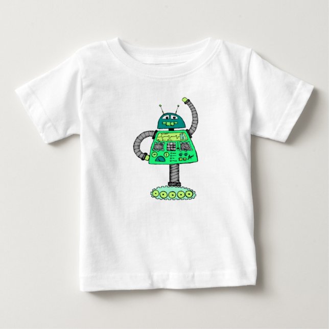 Frankie robot, green on white baby T-Shirt (Front)