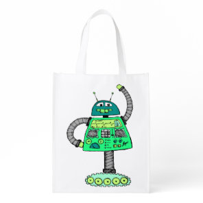Frankie robot, green on white grocery bag