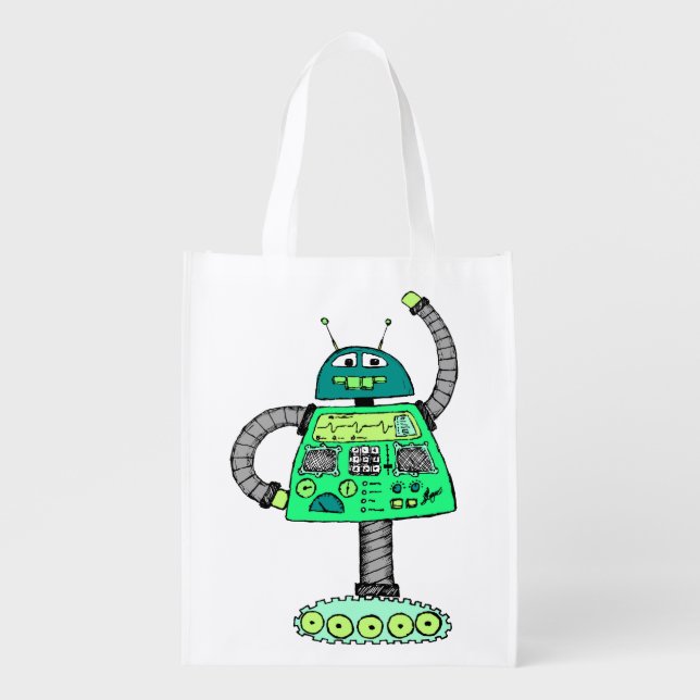 Frankie robot, green on white grocery bag (Front)