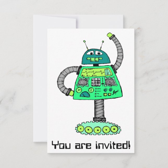 Frankie robot, green on white invitation (Front)