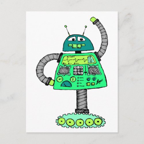 Frankie robot green on white postcard