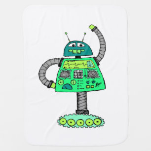 Frankie robot, green on white stroller blanket