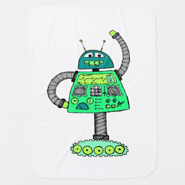 Frankie robot, green on white stroller blanket (Front)