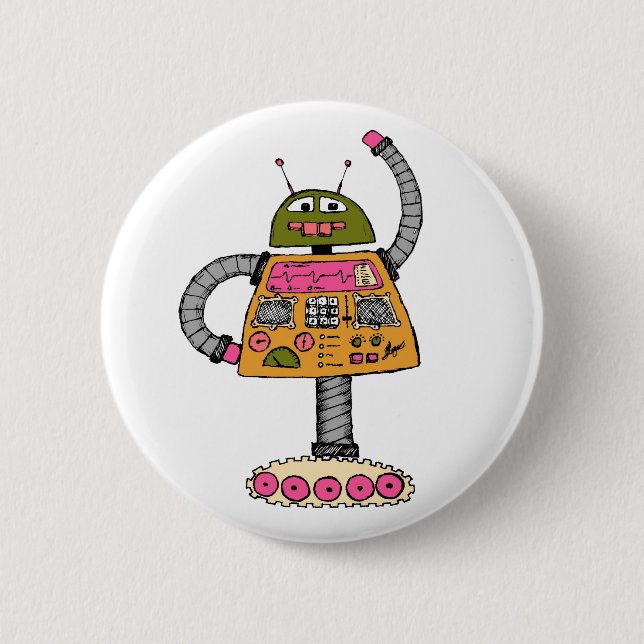 Frankie robot, orange on white pinback button (Front)