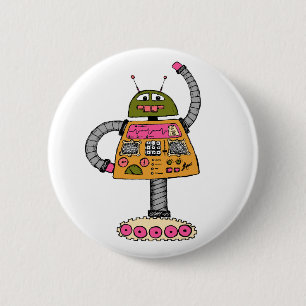 Frankie robot, orange on white pinback button
