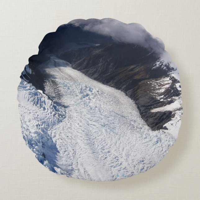 Franz Josef Glacier Aerial View, New Zealand Round Pillow (Front)