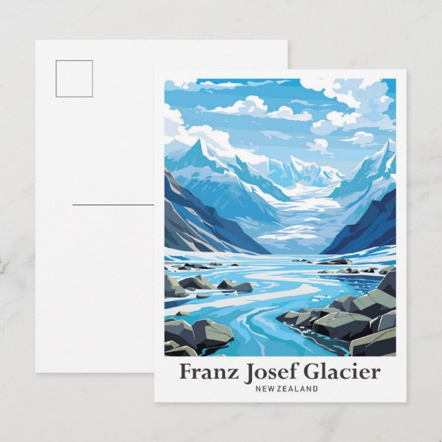Franz Josef Glacier NZ Vintage Travel Illustration Postcard (Front/Back)