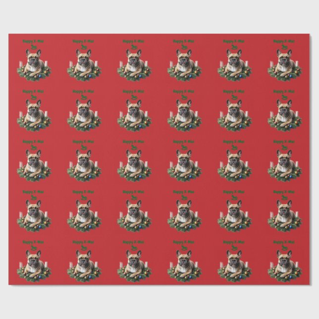 Französische Bulldogge Weihnachten Weihnachtskranz Wrapping Paper (Flat)