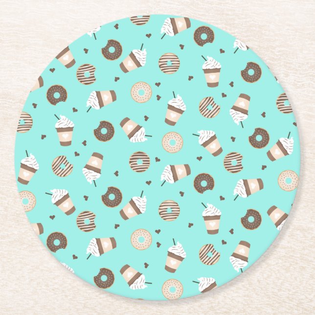 Frappuccino Coffee Sprinkled Donut Pattern Round Paper Coaster (Front)