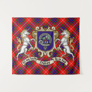Fraser Clan Badge & Unicorns w/Tartan Tapestry