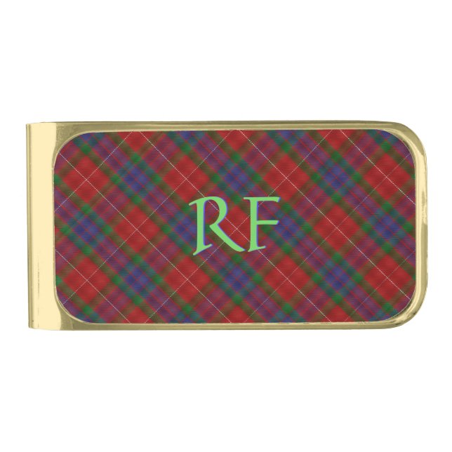 Fraser Official Tartan with monogram / initials Gold Finish Money Clip (Front)