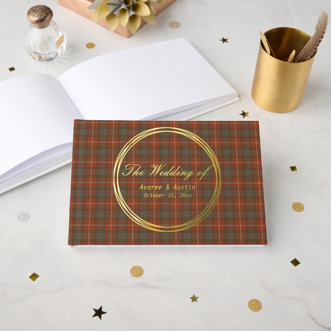 Fraser Red Weathered Original Scottish Tartan Foil Guest Book (Front Open)