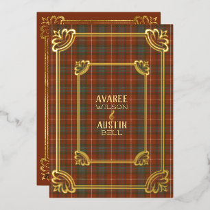Fraser Red Weathered Tartan Gold Foil Invitation