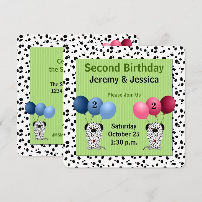 Fraternal Twins 2nd Birthday Party Green Invitation (Front/Back)