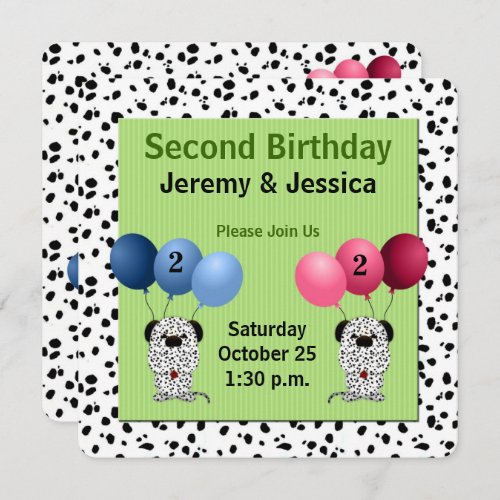 Fraternal Twins 2nd Birthday Party Green Invitation