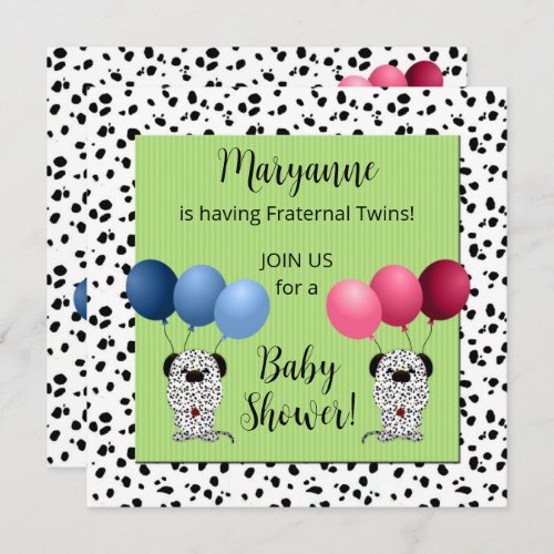 Fraternal Twins Dalmatians Green Baby Shower Invitation