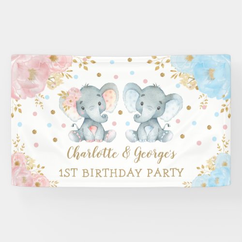 Fraternal Twins Elephant Wild One 1st Birthday Banner
