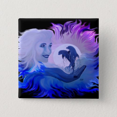 Frau mit Delfine im Mondschein Pinback Button