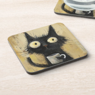Frazzled Black Cat with Coffee on Grunge Brown Beverage Coaster