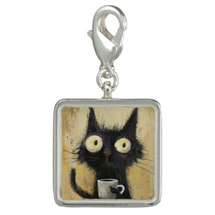 Frazzled Black Cat with Coffee on Grunge Brown Charm