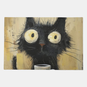 Frazzled Black Cat with Coffee on Grunge Brown Doormat