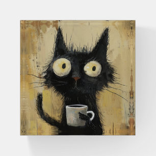 Frazzled Black Cat with Coffee on Grunge Brown Paperweight