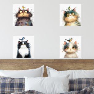 Frazzled Cats With Bird Watercolor Wall Prints