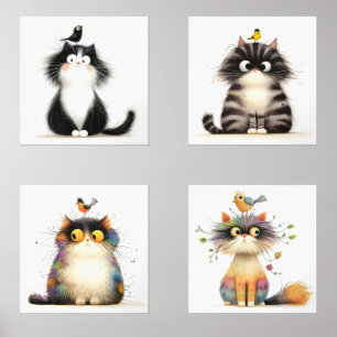Frazzled Cats With Bird Watercolor Wall Prints