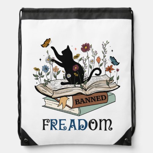 FREADOM _ Cats  Books _ I Read Banned Books  Drawstring Bag