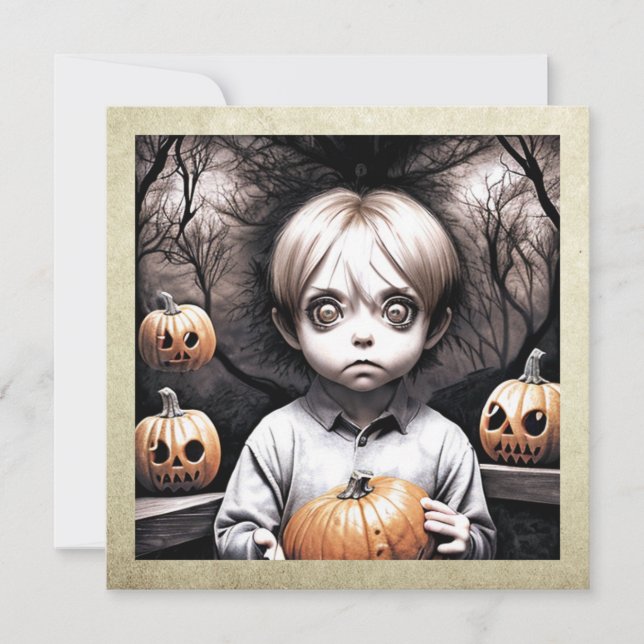 Freaky Child with Big Eyes and Pumpkins Halloween Invitation (Front)