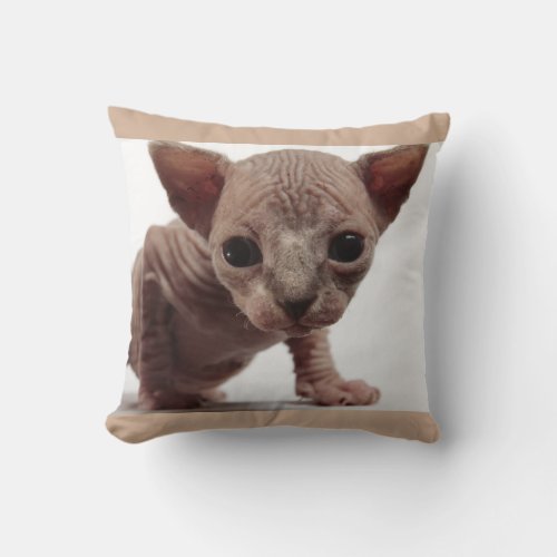 Freaky Cute Furless Sphynx Kitten Throw Pillow