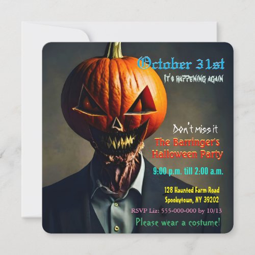 Freaky Scary Pumpkin Face Halloween Party Invitation