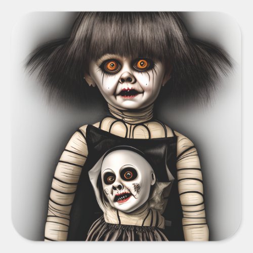 Freaky Scary Spooky Old Doll Halloween Square Sticker