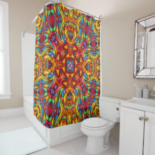 Freaky Tiki Red Vintage Fractal Kaleidoscope Shower Curtain
