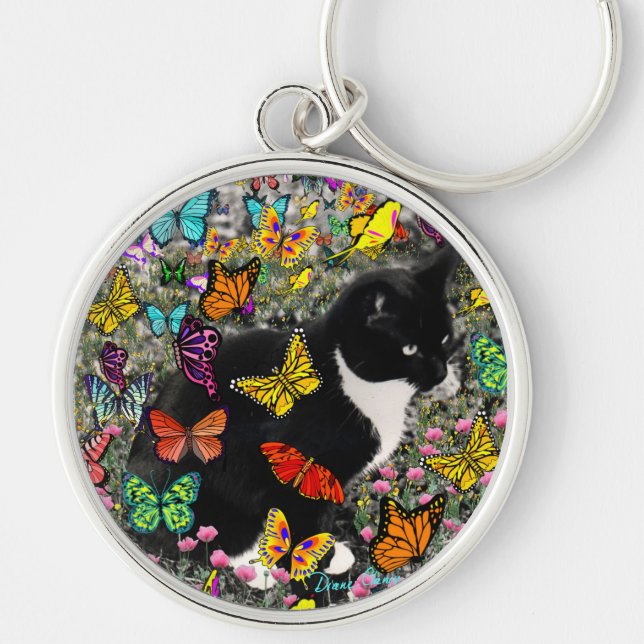 Freckles in Butterflies - Black & White Tux Cat Keychain (Front)