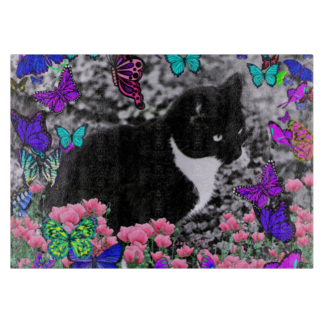 Freckles in Butterflies III, Tux Kitty Cat Cutting Boards Freckles in Butterflies III, Tux Kitty Cat Cutting Boards