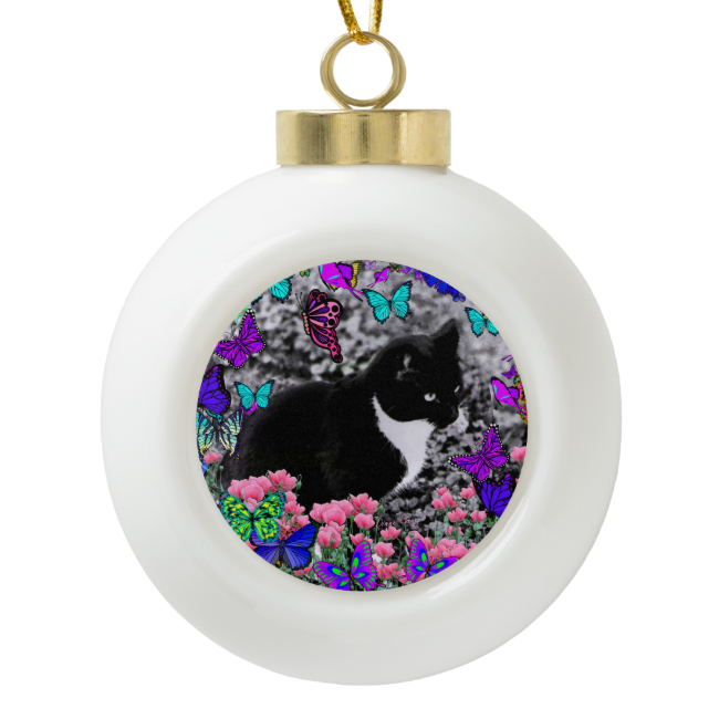 Freckles in Butterflies III, Tux Kitty Cat Ceramic Ball Christmas Ornament Freckles in Butterflies III, Tux Kitty Cat Ceramic Ball Christmas Ornament