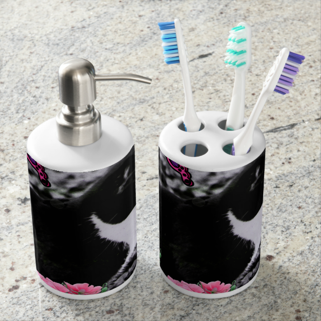 Freckles in Butterflies III, Tux Kitty Cat Bath Accessory Set Freckles in Butterflies III, Tux Kitty Cat Bath Accessory Set